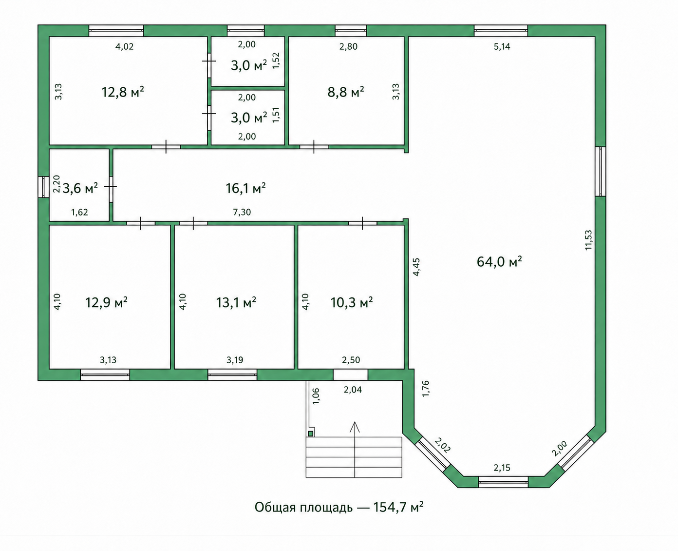 Планировочная схема 154,7 м² с площадями помещений и размерами стен